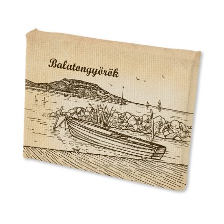 Mini vászonképes hűtőmágnes Balatongyörök csónakos szépia